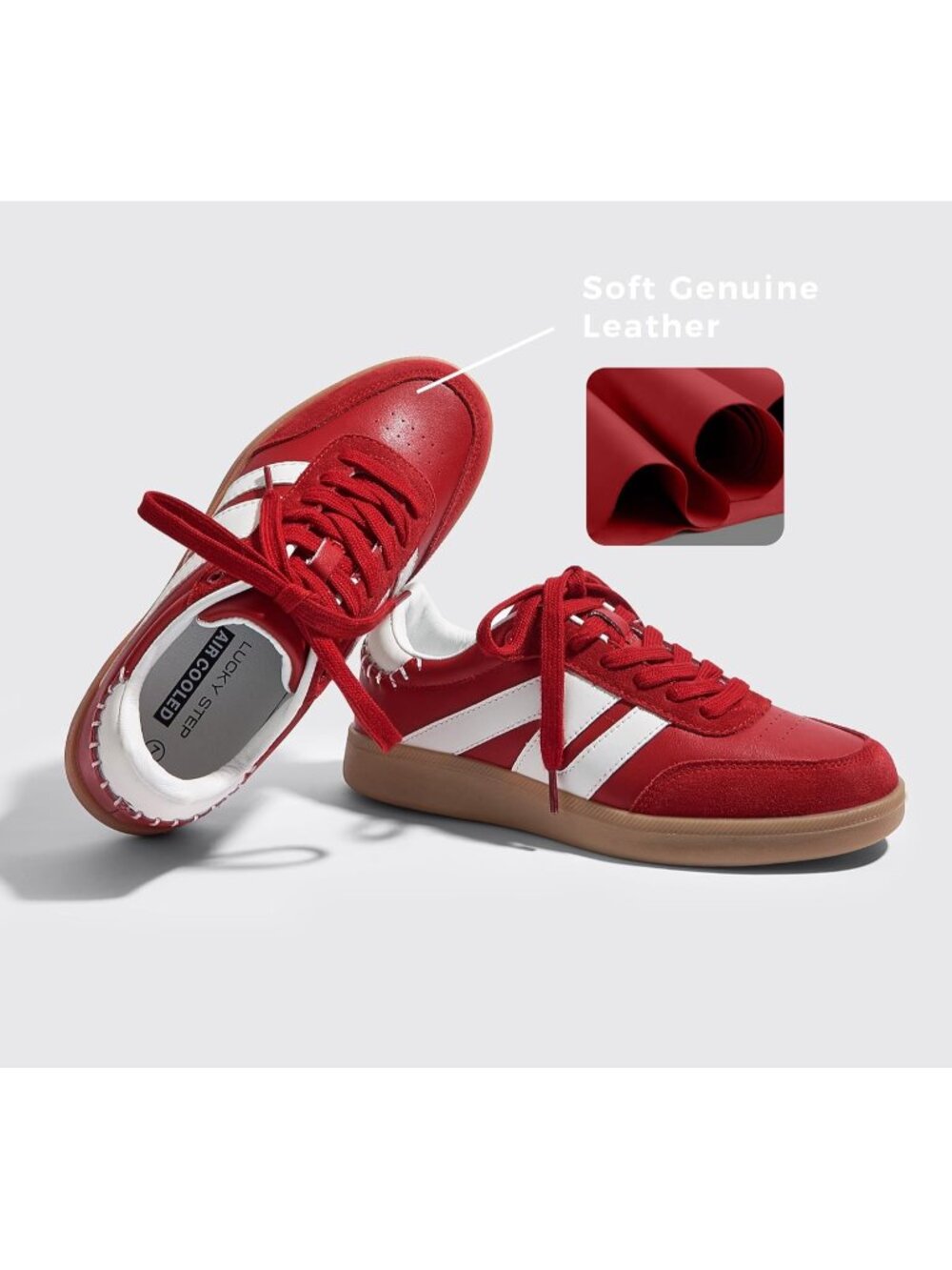Women Red Leather Retro Gum Sole Leather Sneakers Anti Slip Walking Shoes - Picture 5 of 6